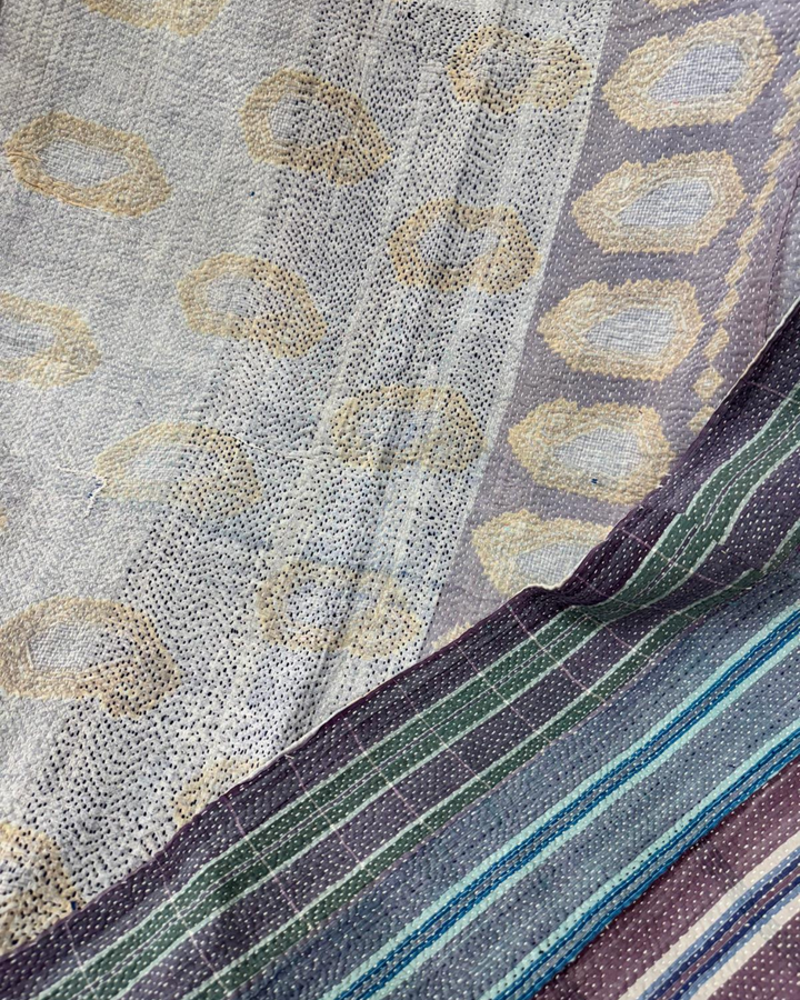 Vintage Hand-Embroidered Kantha Throw – Indigo &amp; Ochre Motif Sari Quilt