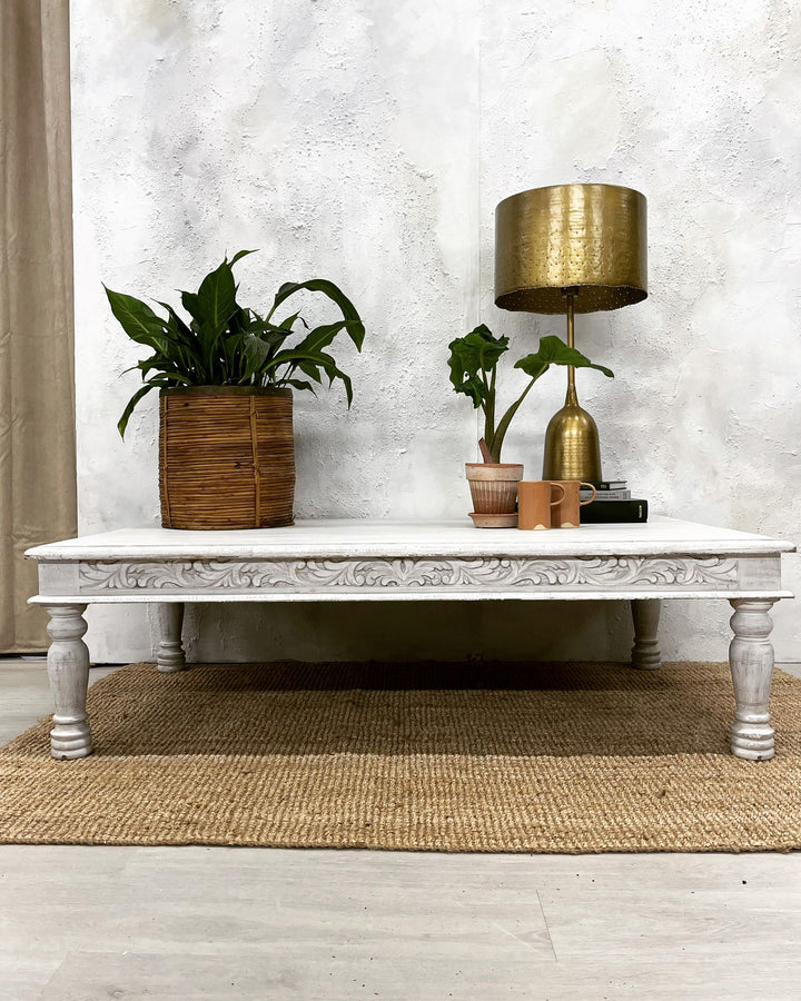 Hand-Carved Mango Wood Coffee Table – Whitewashed Finish
