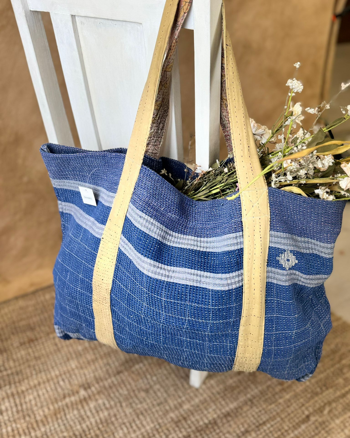 Handmade Upcycled Sari Tote Bag – Indigo Blue Stripe | Multi-Purpose Everyday &amp; Beach Bag