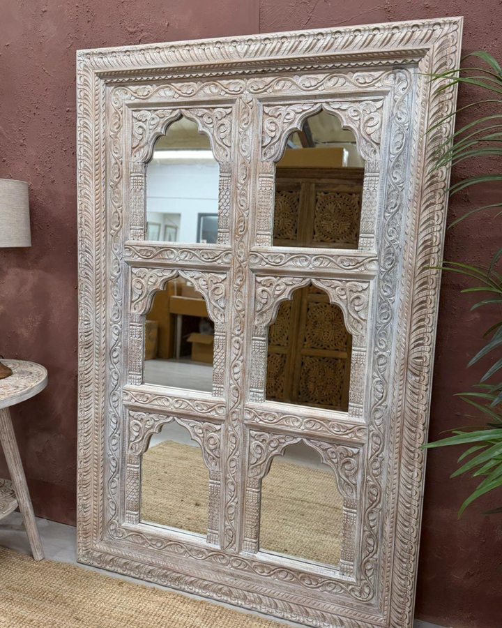 Six Panel Mango Wood Mirror – Creamwashed Archway Design
