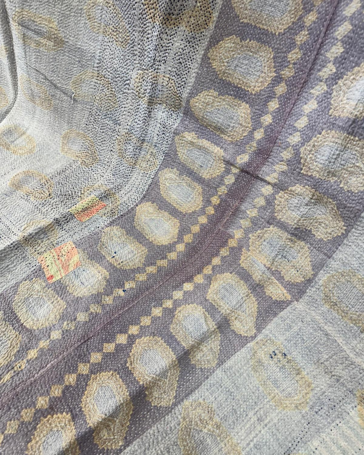 Vintage Hand-Embroidered Kantha Throw – Indigo &amp; Ochre Motif Sari Quilt