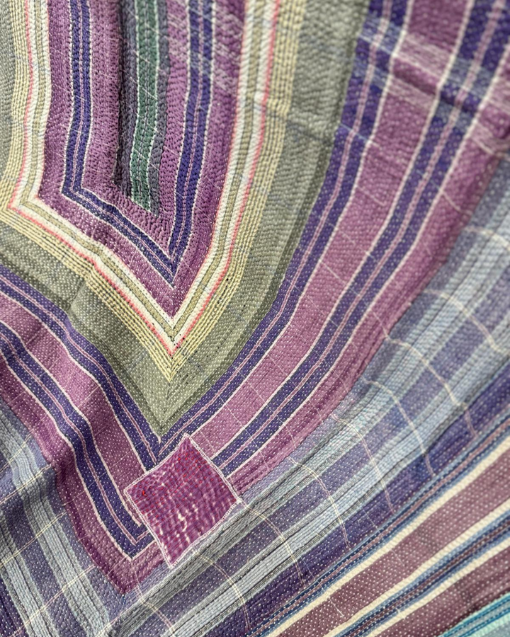 Vintage Hand-Embroidered Kantha Throw – Indigo &amp; Ochre Motif Sari Quilt