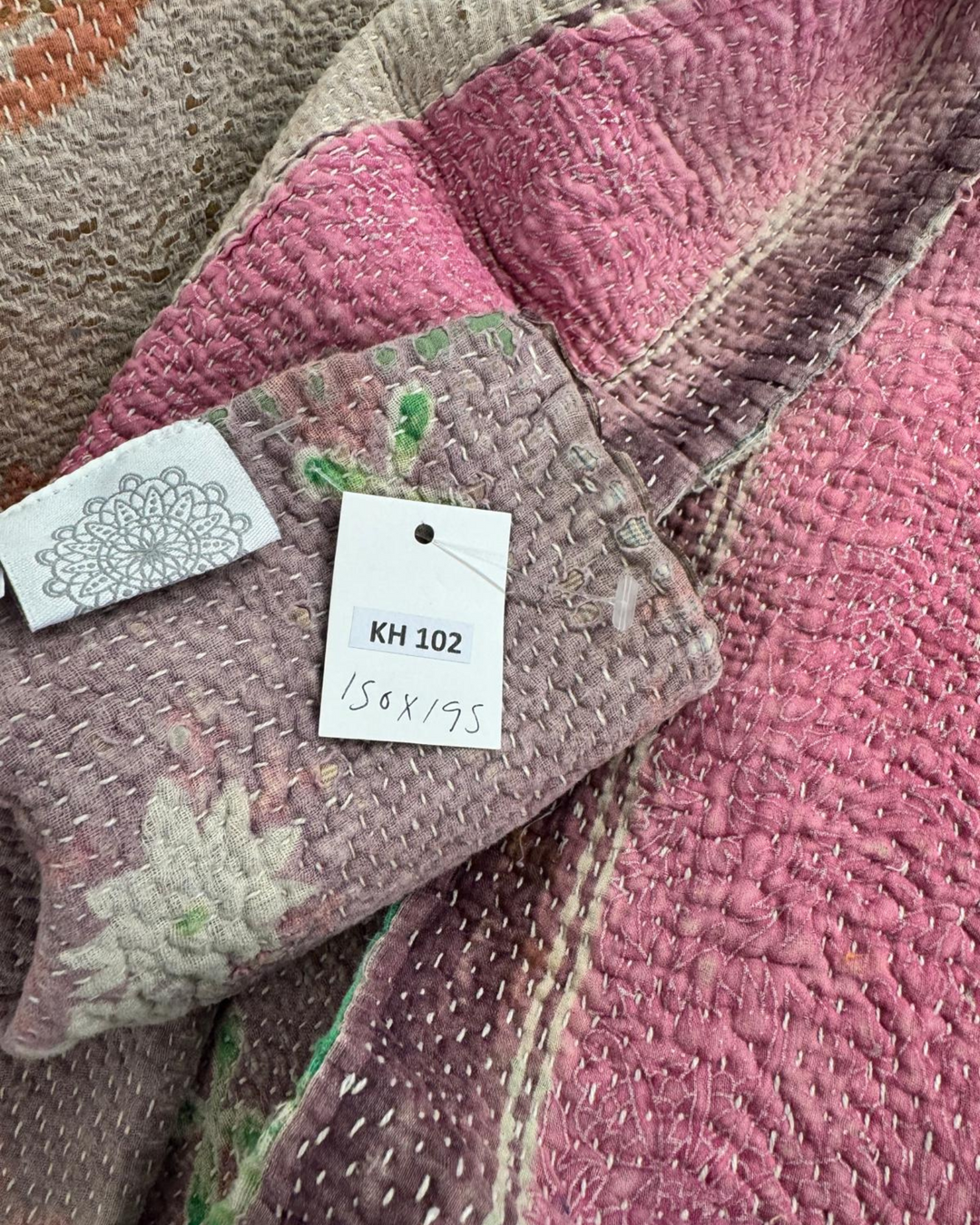 Vintage Hand-Embroidered Kantha Throw – Soft Pink &amp; Sage Green Striped Sari