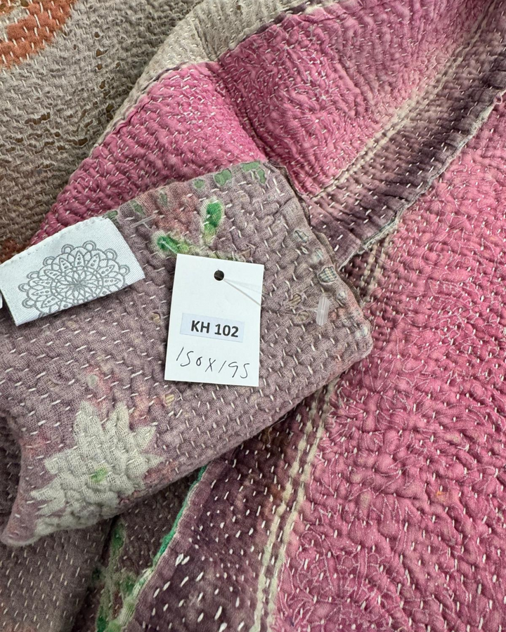 Vintage Hand-Embroidered Kantha Throw – Soft Pink &amp; Sage Green Striped Sari