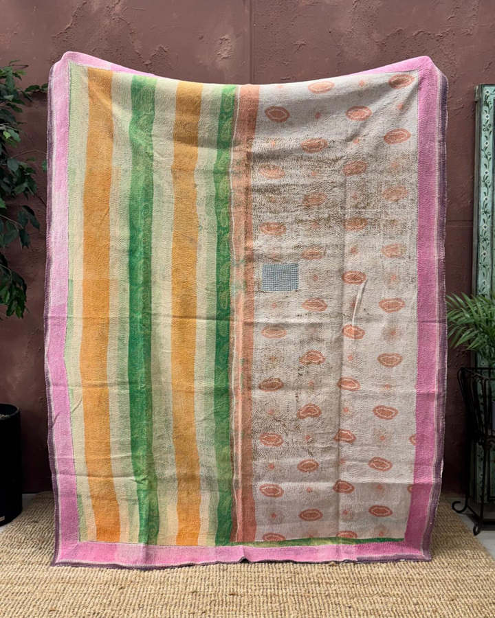 Vintage Hand-Embroidered Kantha Throw – Soft Pink &amp; Sage Green Striped Sari