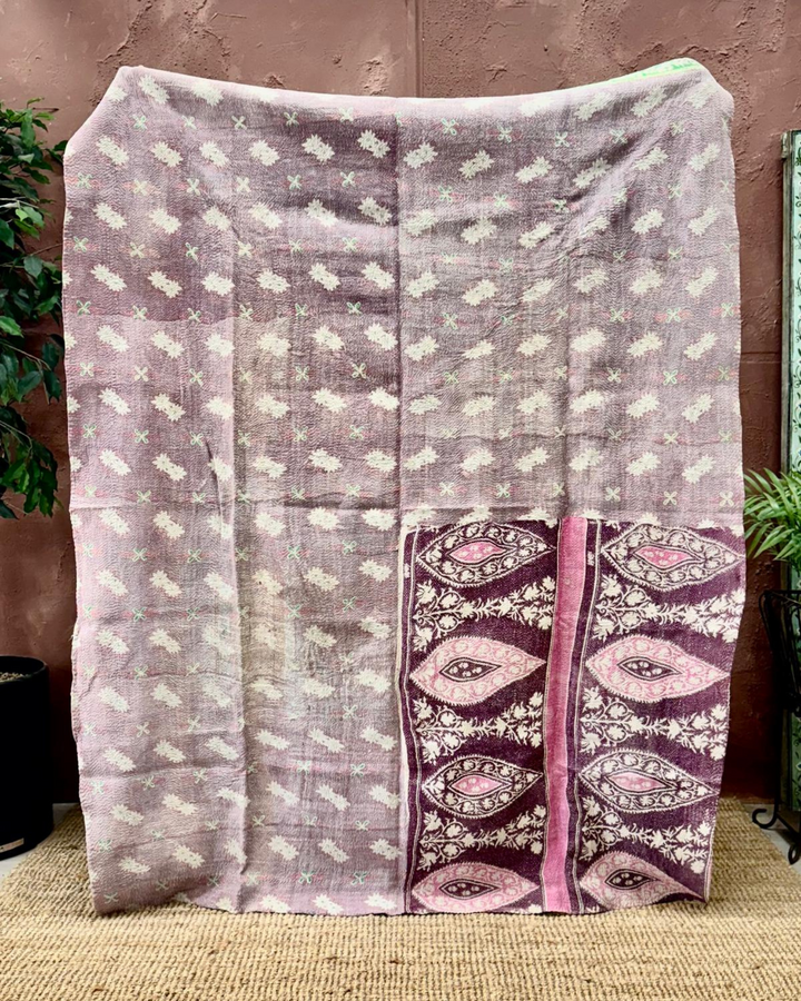 Vintage Hand-Embroidered Kantha Throw – Soft Pink &amp; Sage Green Striped Sari