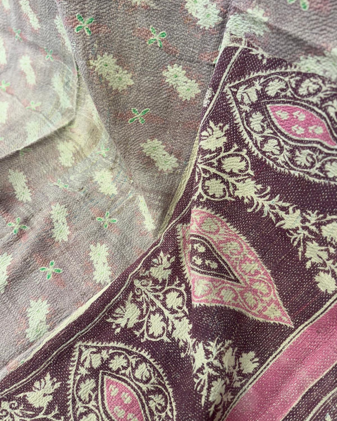 Vintage Hand-Embroidered Kantha Throw – Soft Pink &amp; Sage Green Striped Sari