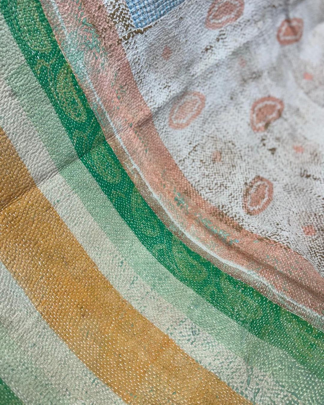 Vintage Hand-Embroidered Kantha Throw – Soft Pink &amp; Sage Green Striped Sari