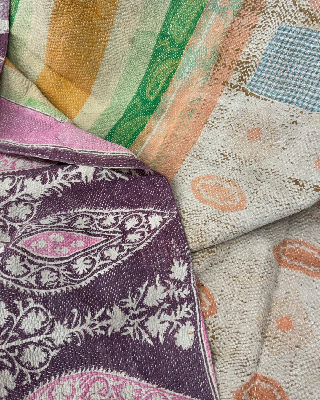 Vintage Hand-Embroidered Kantha Throw – Soft Pink &amp; Sage Green Striped Sari