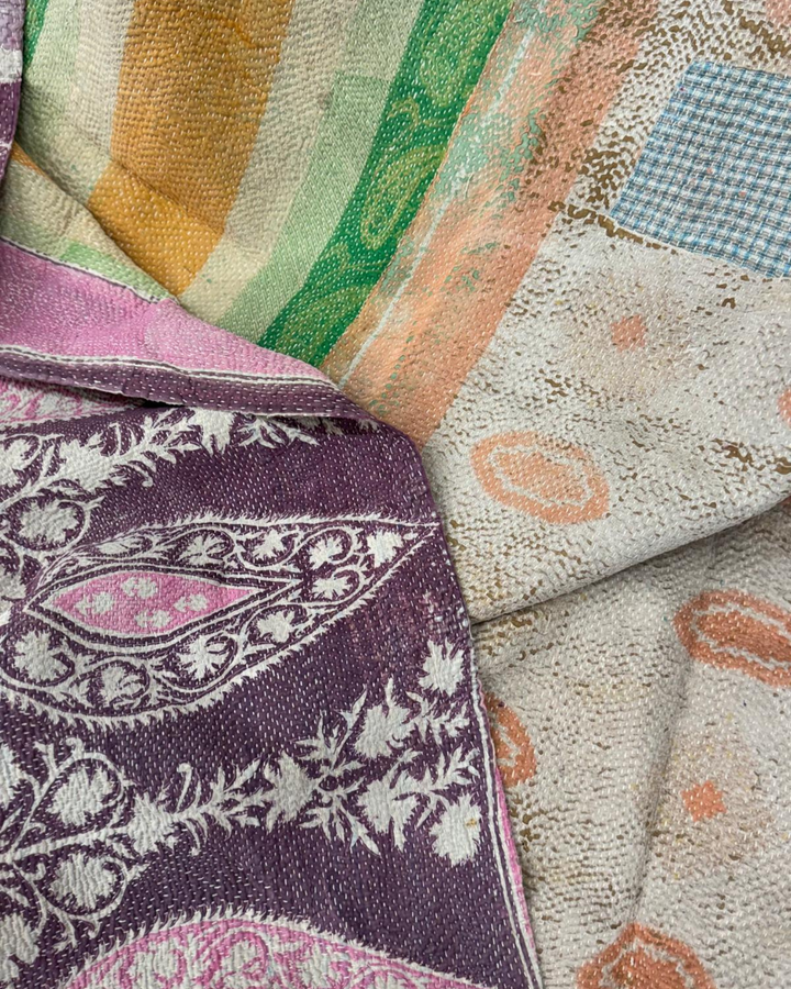 Vintage Hand-Embroidered Kantha Throw – Soft Pink &amp; Sage Green Striped Sari