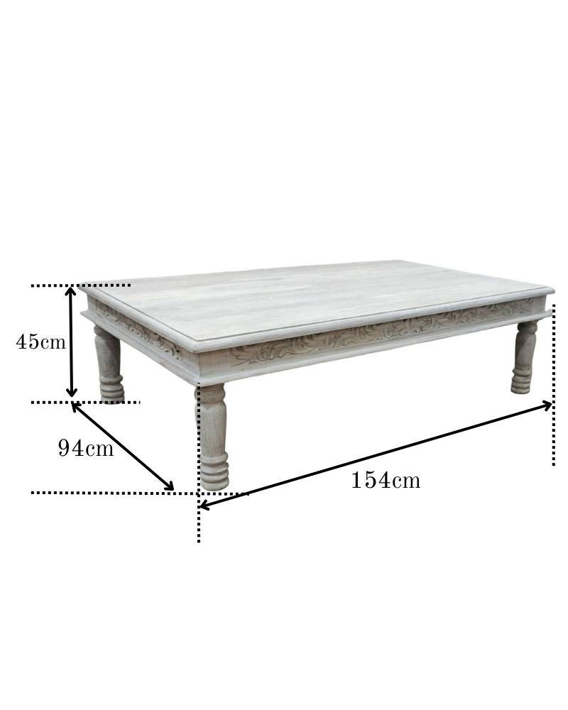 Hand-Carved Mango Wood Coffee Table – Whitewashed Finish