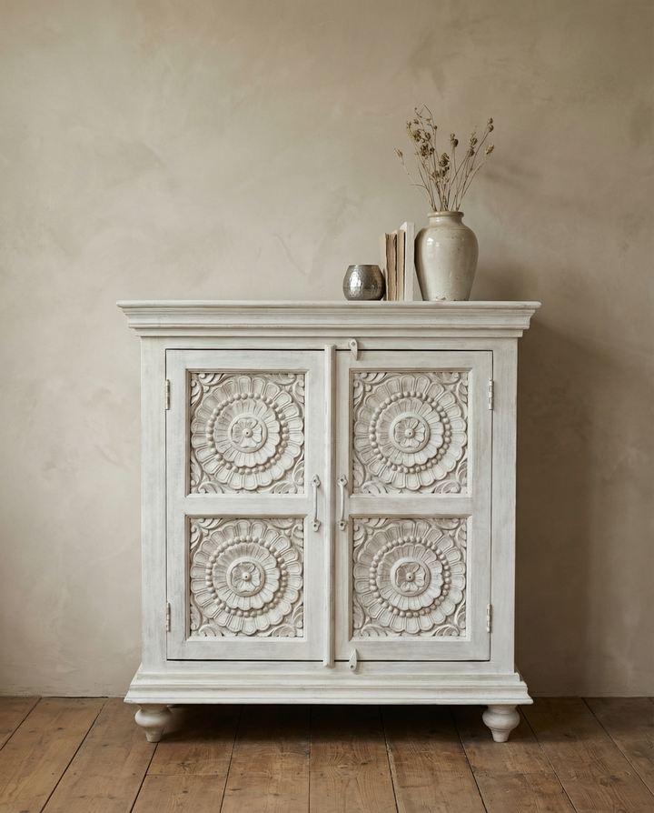Hand Carved Whitewashed Mango Wood Sideboard