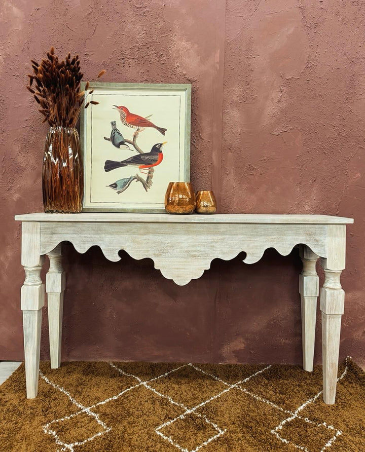 Hand-Carved Mango Wood Console Table – Creamwashed Finish