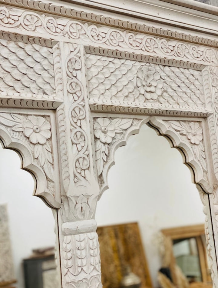 Hand-Carved Mango Wood 2 Arch Mirror – Whitewashed Finish with Petal Detailing