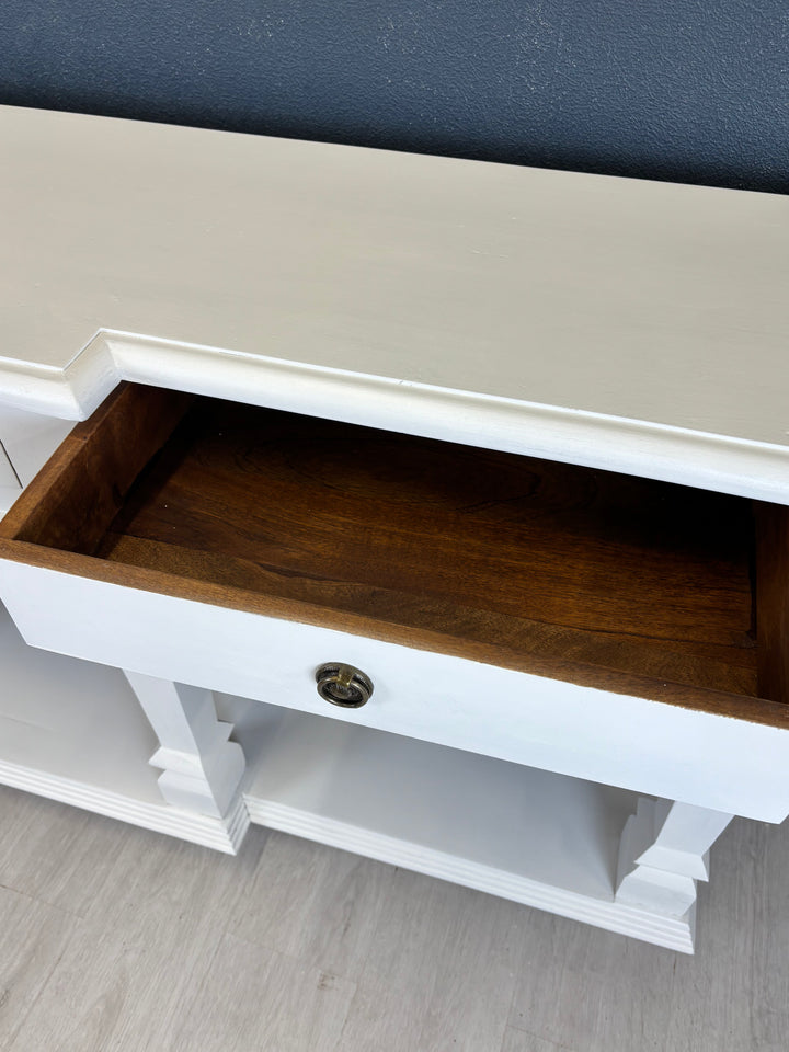 Consola de madera de mango hecha a mano, 3 cajones, acabado blanqueado