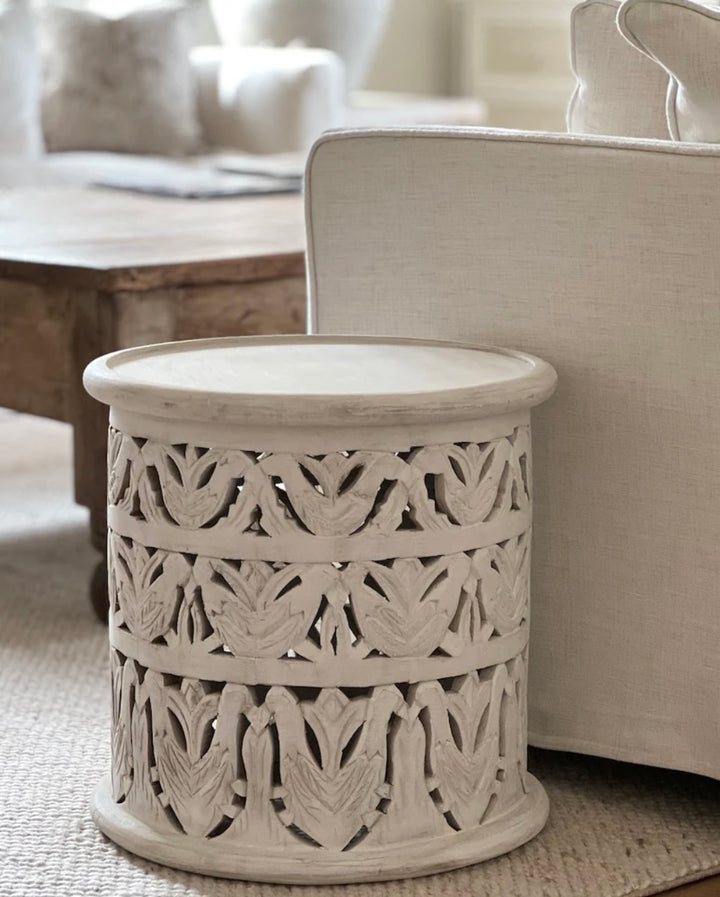 Mesa redonda de madera de mango tallada a mano