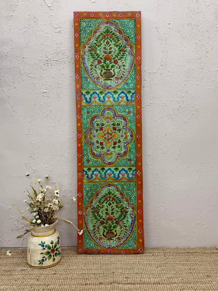 Vintage Hand-Painted Mango Wood Wall Panel – Floral Design, Red &amp; Green Finish