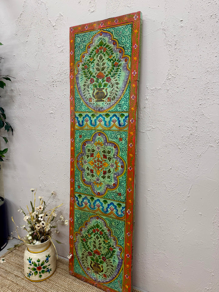 Vintage Hand-Painted Mango Wood Wall Panel – Floral Design, Red &amp; Green Finish