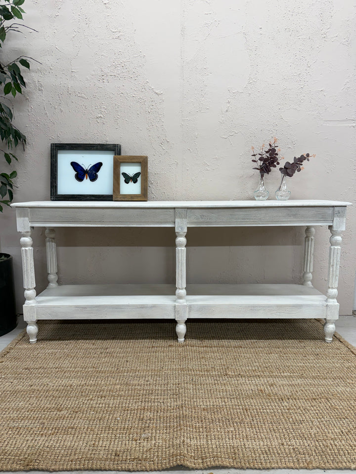 Long Mango Wood Hand-Carved Console Table with Shelf – Whitewashed Finish