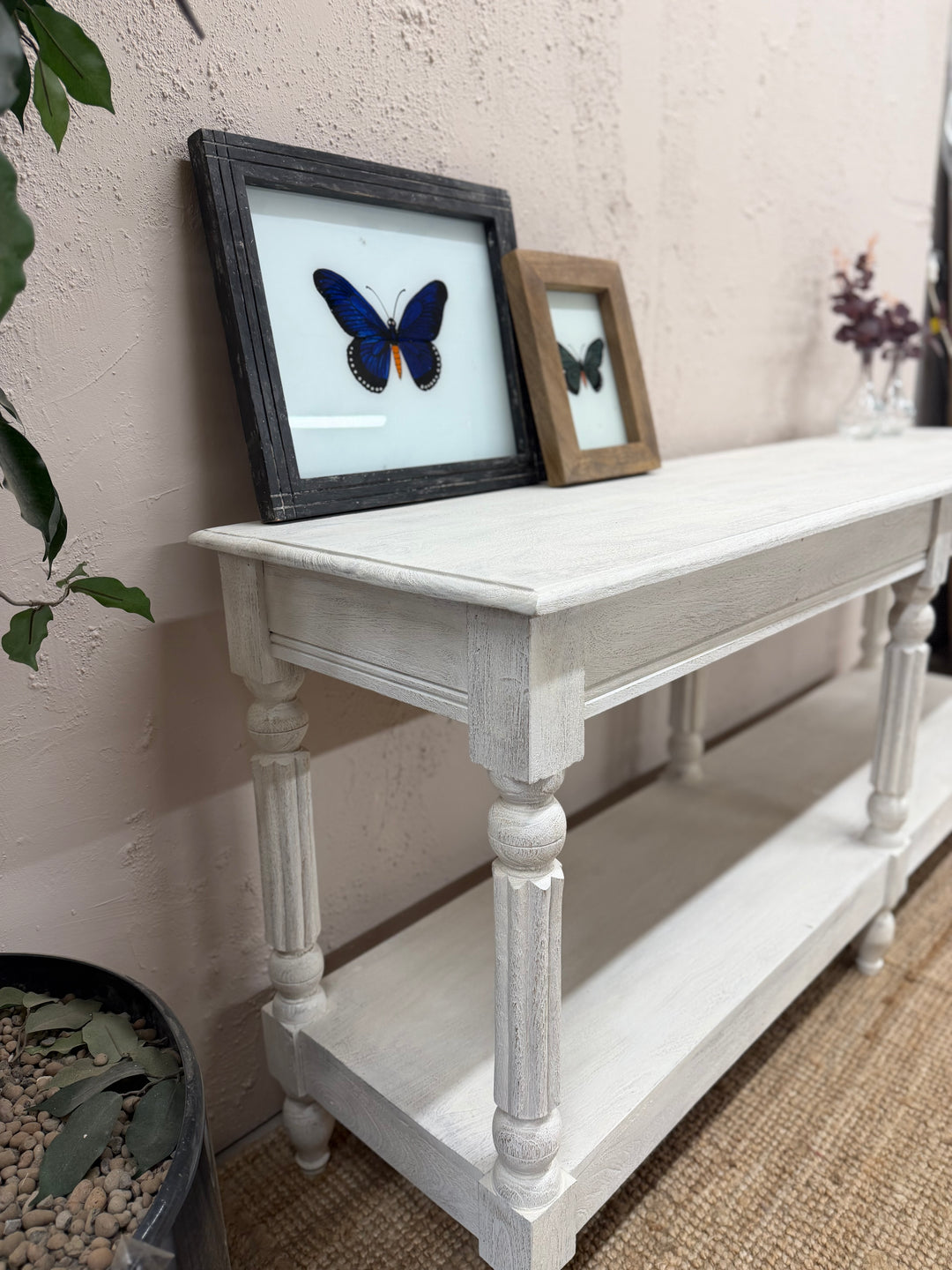 Long Mango Wood Hand-Carved Console Table with Shelf – Whitewashed Finish