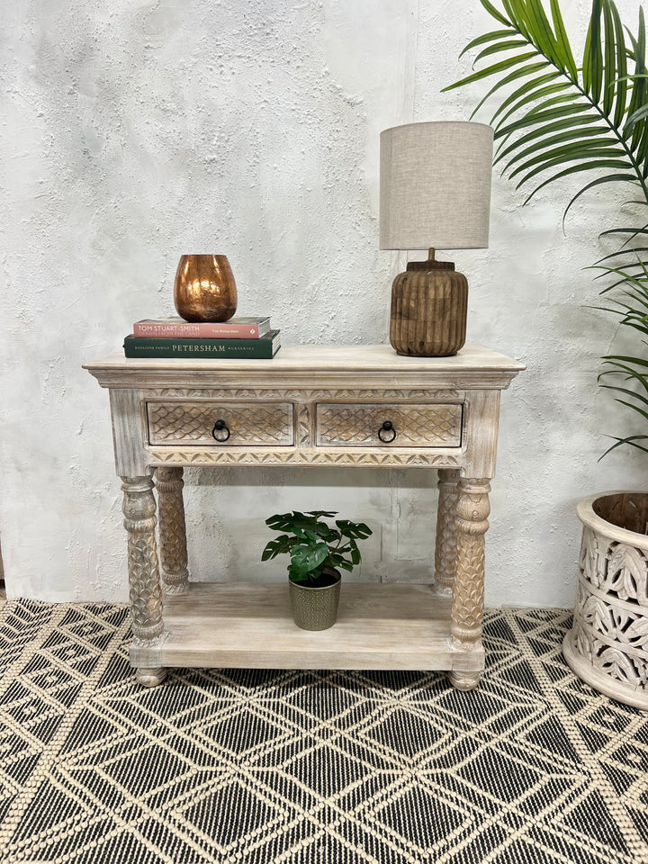 Hand-Carved Mango Wood Console Table – Cream Finish with Two Drawers
