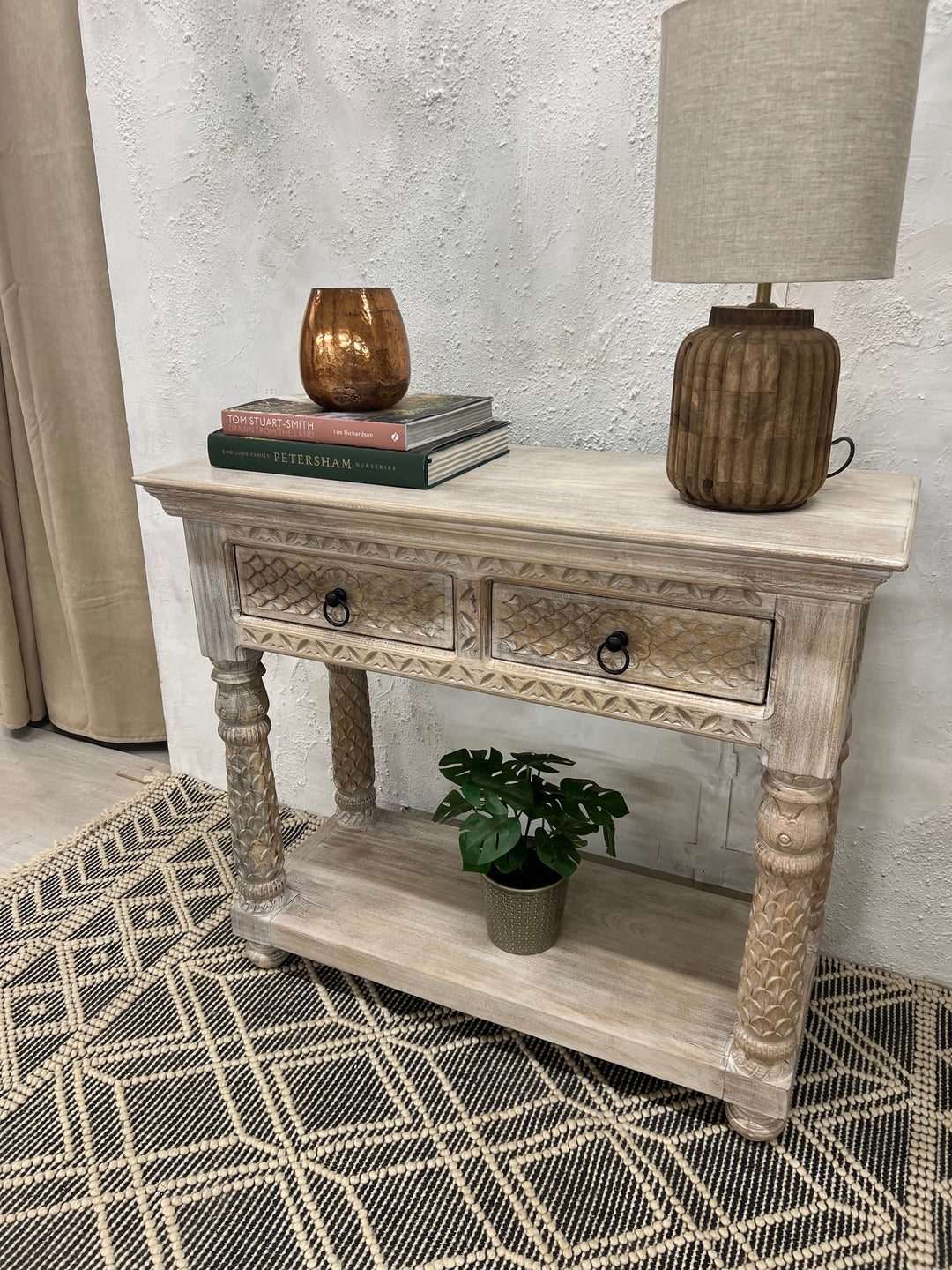 Hand-Carved Mango Wood Console Table – Cream Finish with Two Drawers