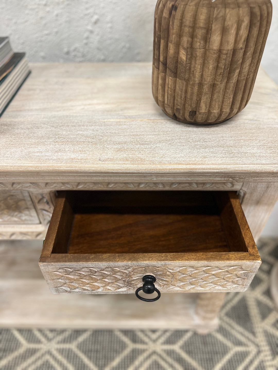 Hand-Carved Mango Wood Console Table – Cream Finish with Two Drawers
