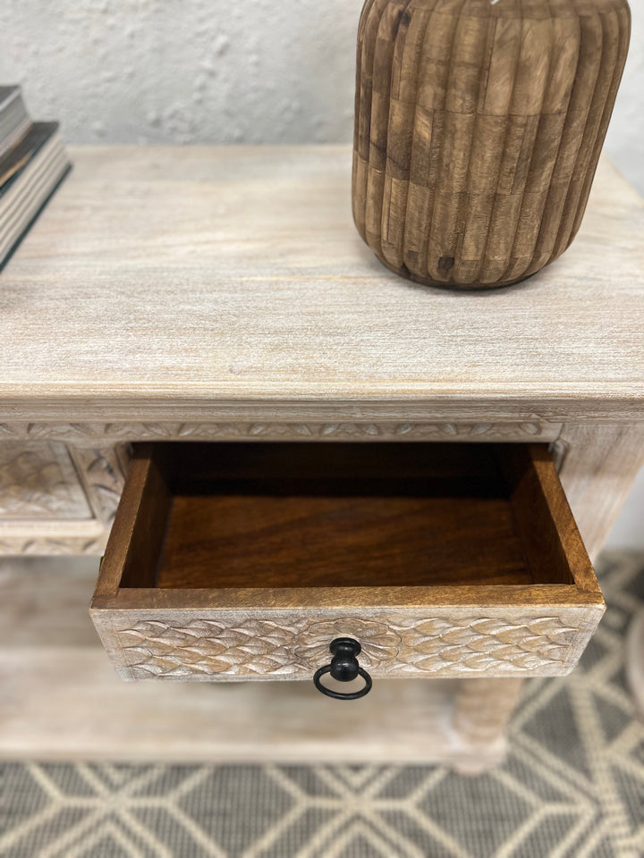 Hand-Carved Mango Wood Console Table – Cream Finish with Two Drawers