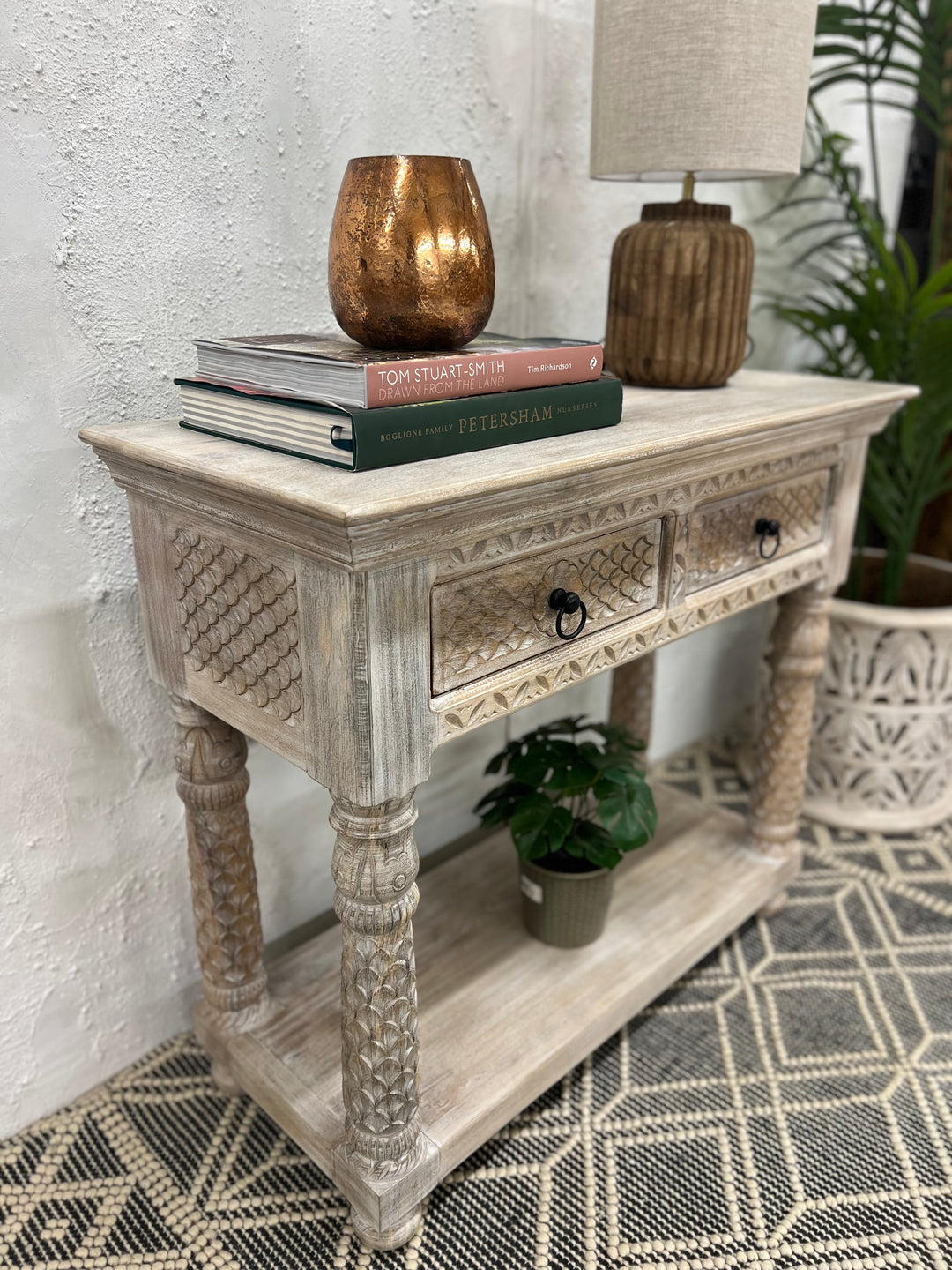 Hand-Carved Mango Wood Console Table – Cream Finish with Two Drawers