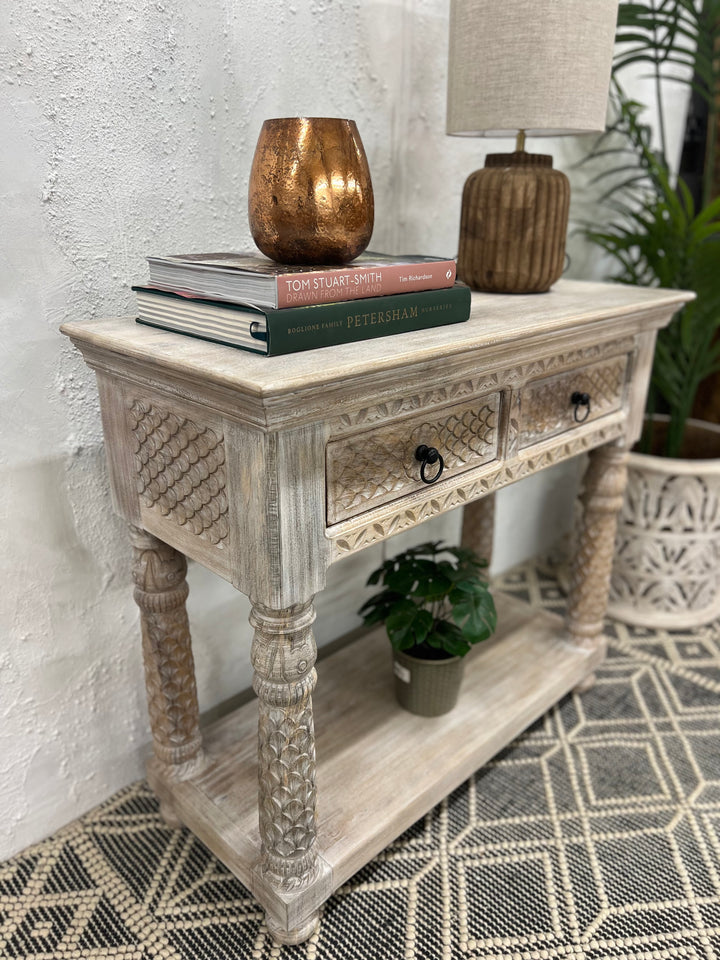 Hand-Carved Mango Wood Console Table – Cream Finish with Two Drawers