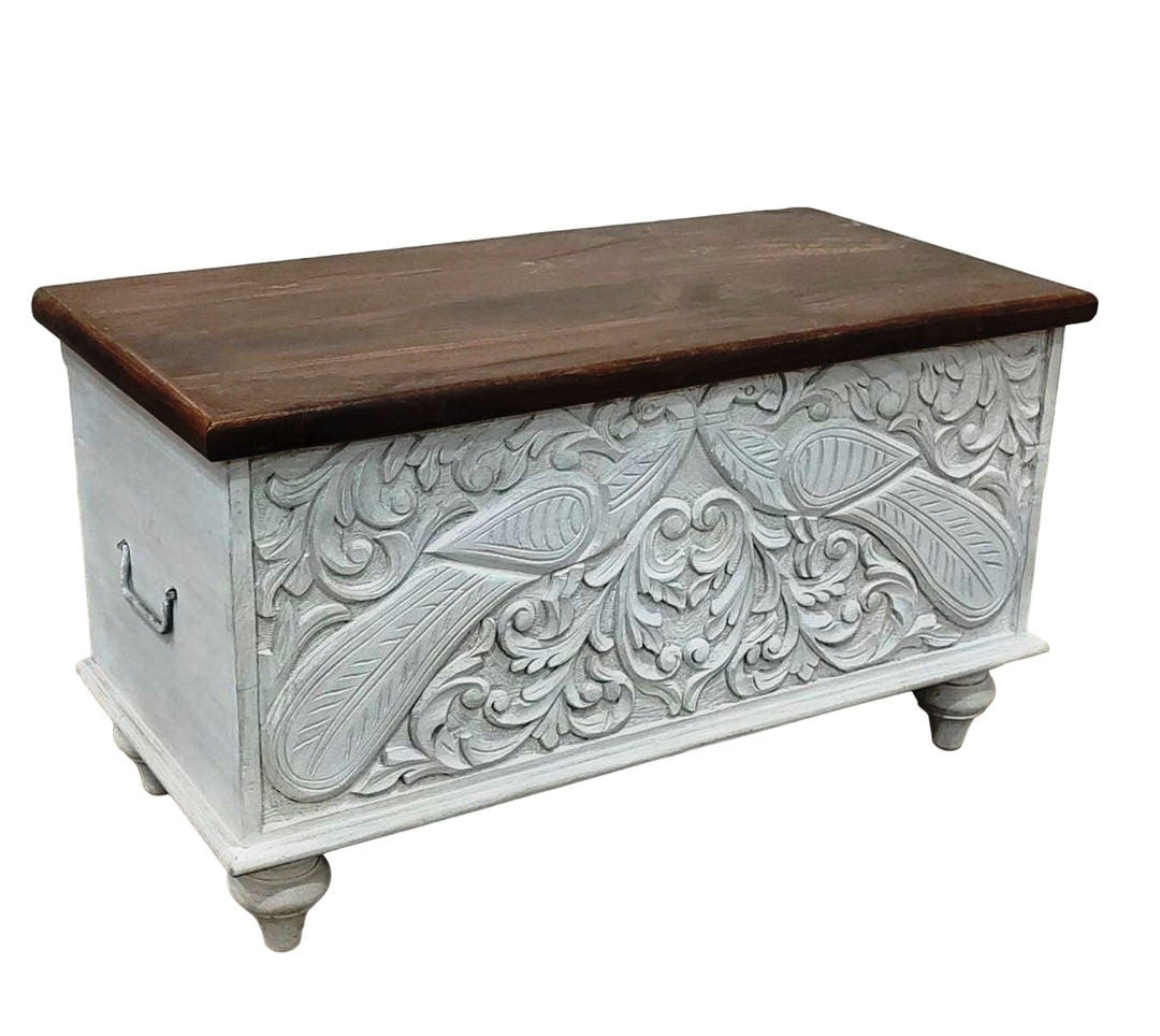 Caja de almacenamiento de madera de mango tallada a mano, acabado blanqueado con motivo de pavo real