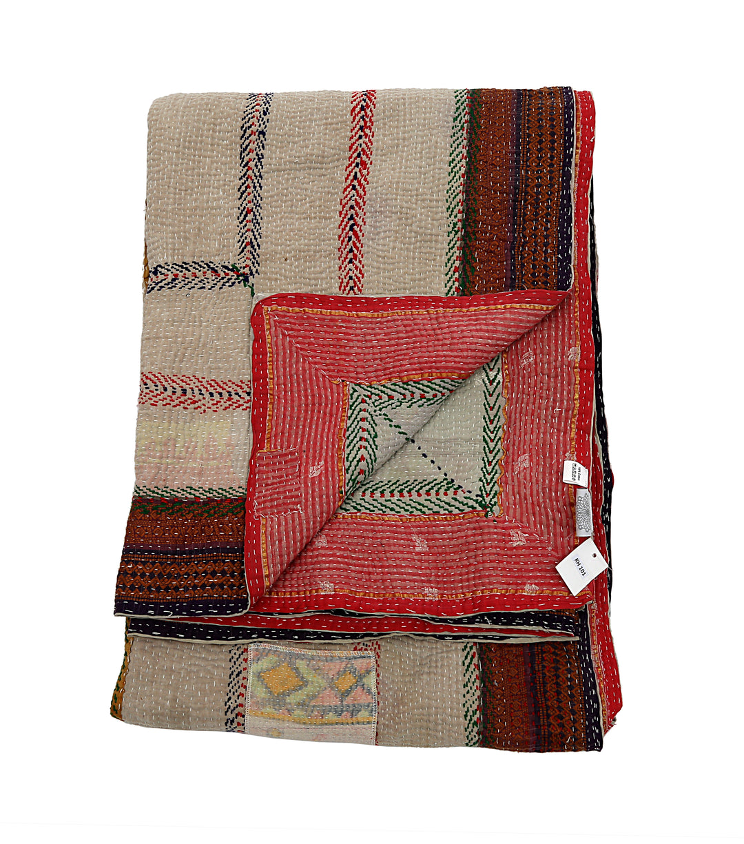 Vintage Hand-Embroidered Kantha Throw – Red &amp; Natural Sari Patchwork