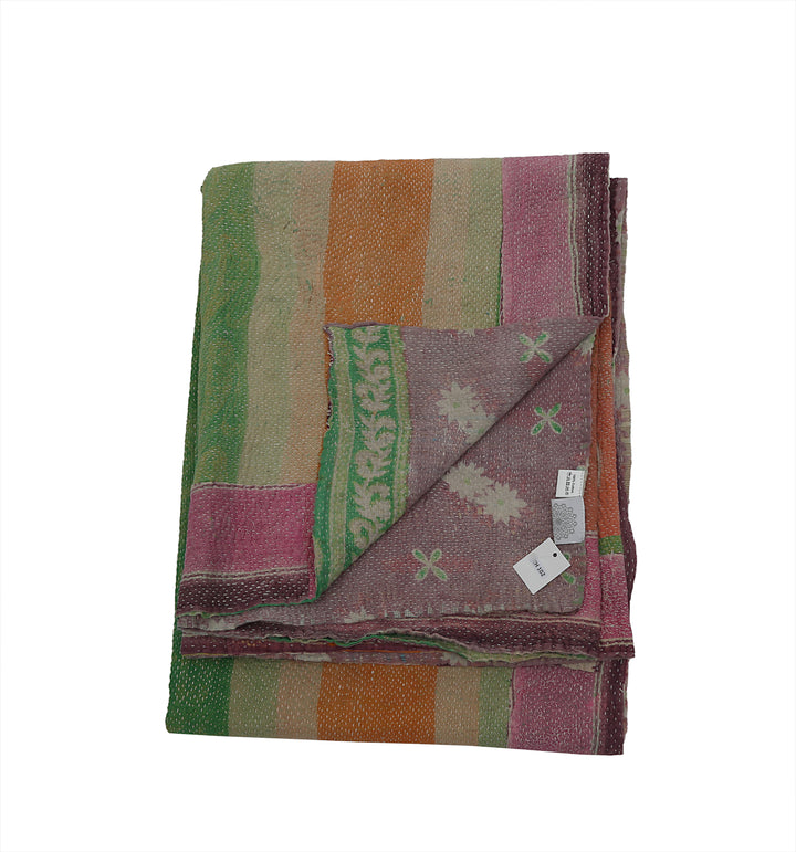 Vintage Hand-Embroidered Kantha Throw – Soft Pink &amp; Sage Green Striped Sari