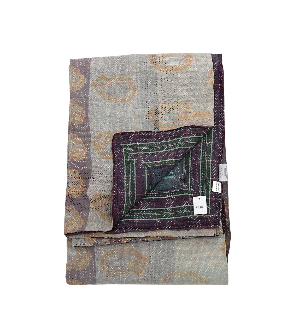 Vintage Hand-Embroidered Kantha Throw – Indigo &amp; Ochre Motif Sari Quilt