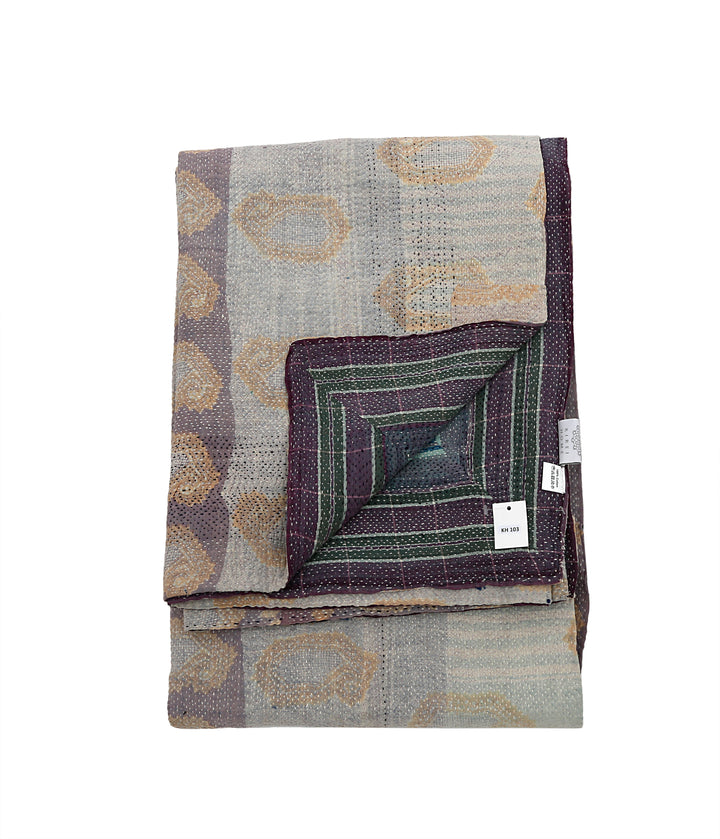 Vintage Hand-Embroidered Kantha Throw – Indigo &amp; Ochre Motif Sari Quilt