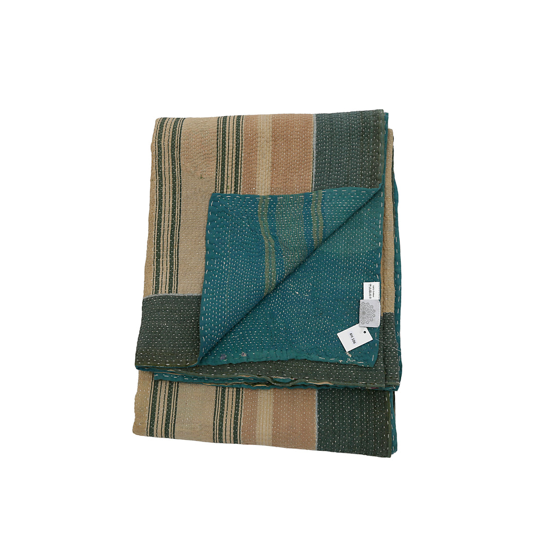 Manta Kantha vintage bordada a mano: sari de rayas verde bosque y verde azulado