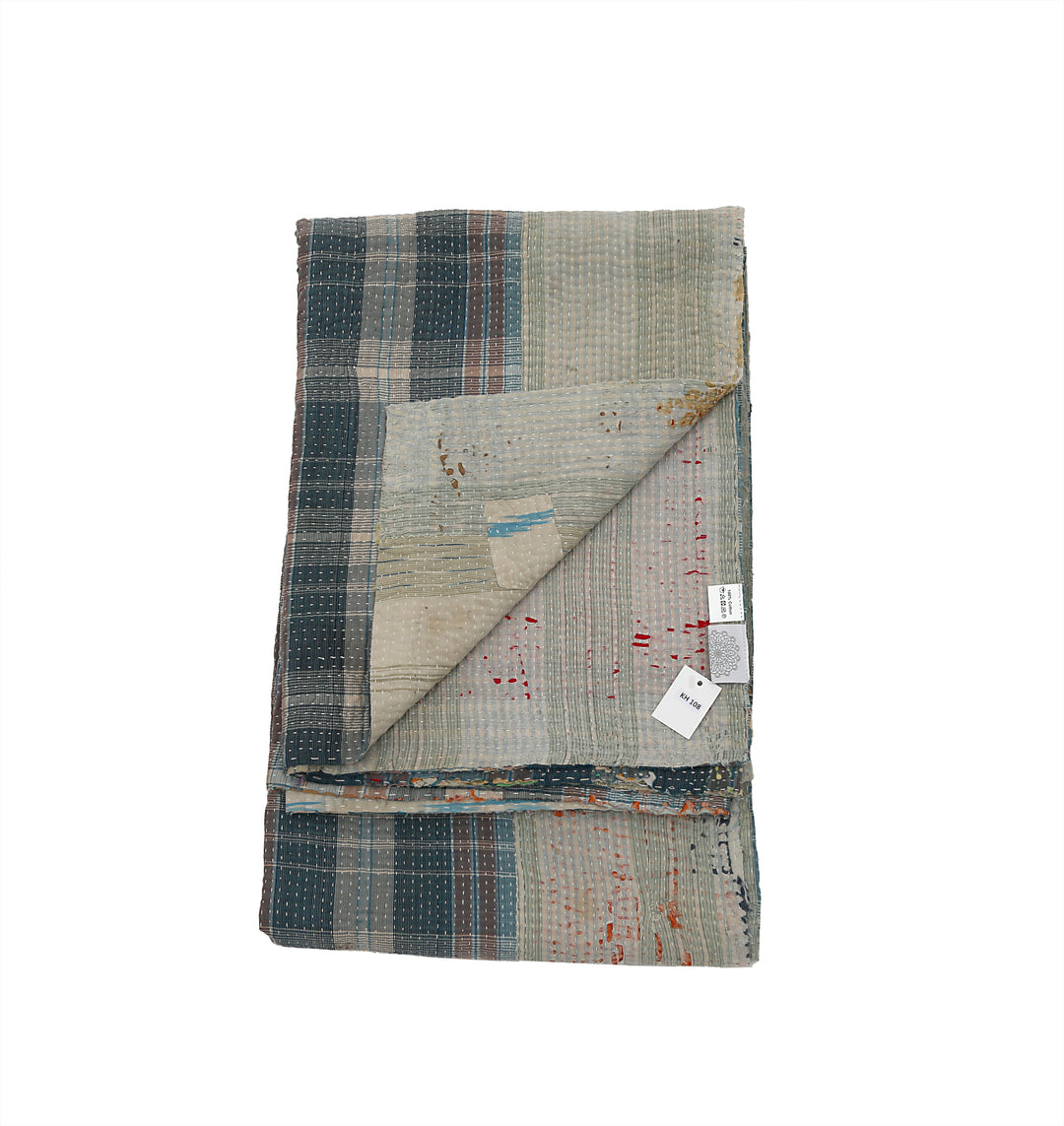Vintage Hand-Embroidered Kantha Throw – Soft Grey &amp; Slate Sari Patchwork