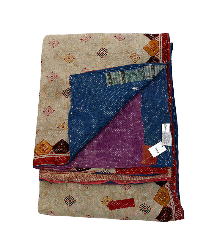 Vintage Hand-Embroidered Kantha Throw – Embroidered Sari in Cream with Indigo &amp; Ochre Accents