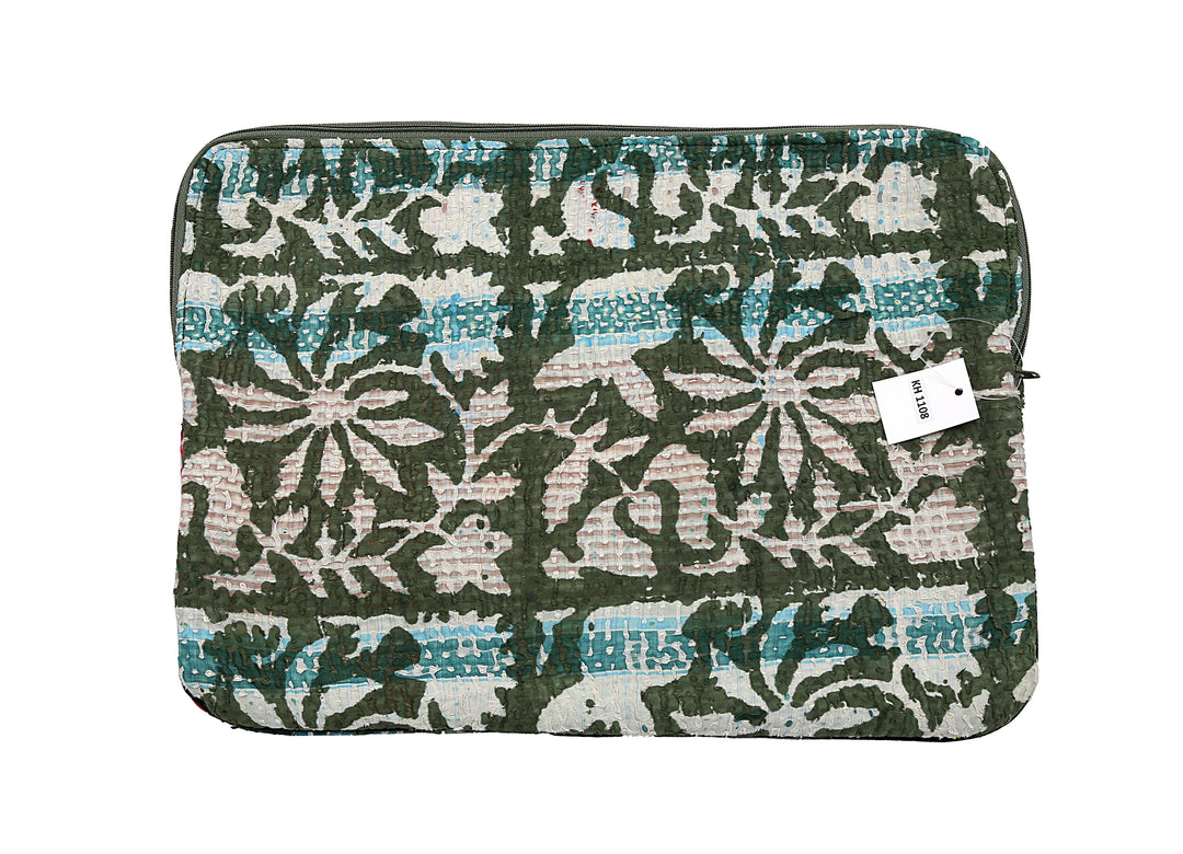 Funda para portátil Kantha verde con estampado floral vintage