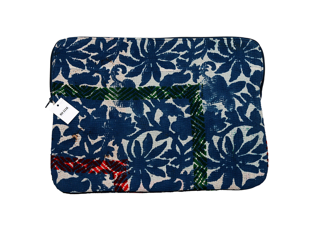 Funda para portátil Kantha: diseño de patchwork índigo y verde