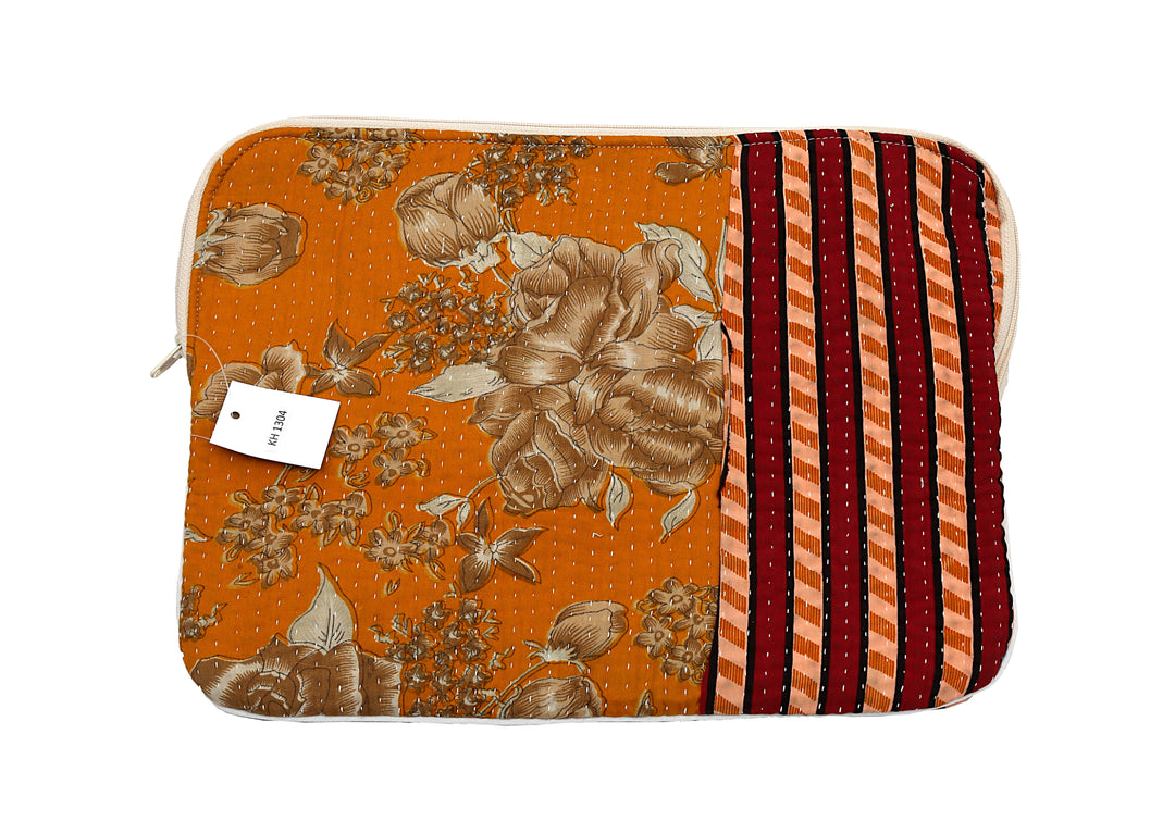 Kantha Tablet Sleeve – Amber Floral & Stripe Kantha Stitch (KH1304)