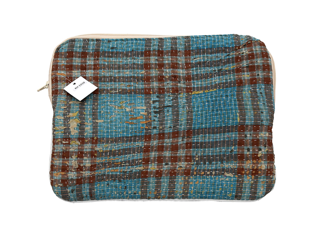 Kantha Tablet Sleeve – Teal & Rust Check Kantha Stitch (KH1310)