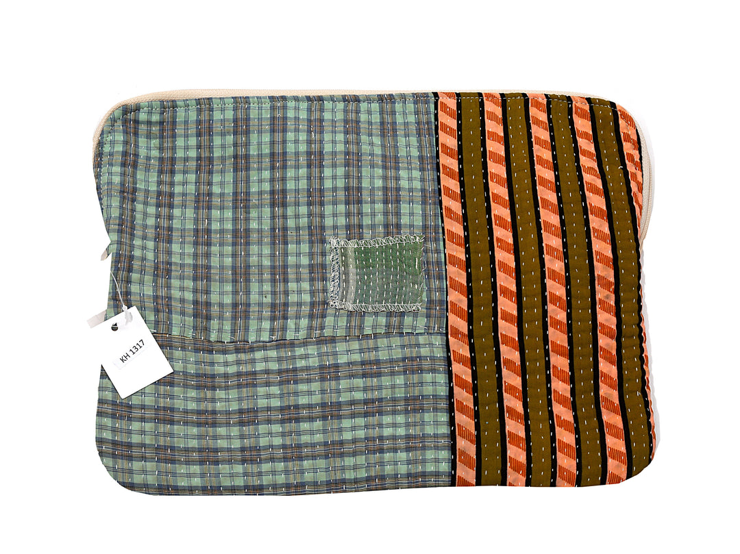Kantha Tablet Sleeve – Teal Check & Stripe Kantha Stitch (10")