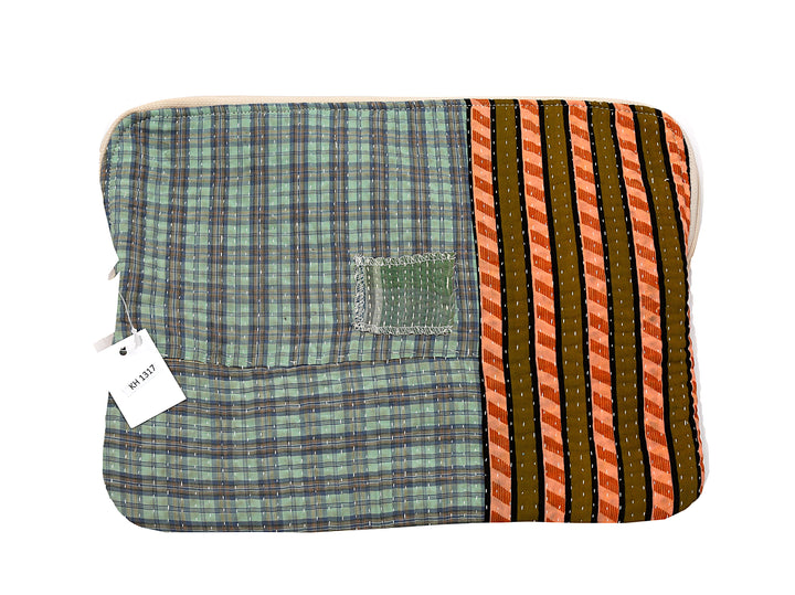 Kantha Tablet Sleeve – Teal Check & Stripe Kantha Stitch (10")