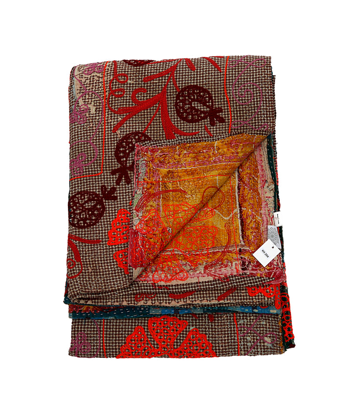 Vintage Hand-Embroidered Kantha Throw – Pomegranate Motif in Deep Brown &amp; Fiery Orange