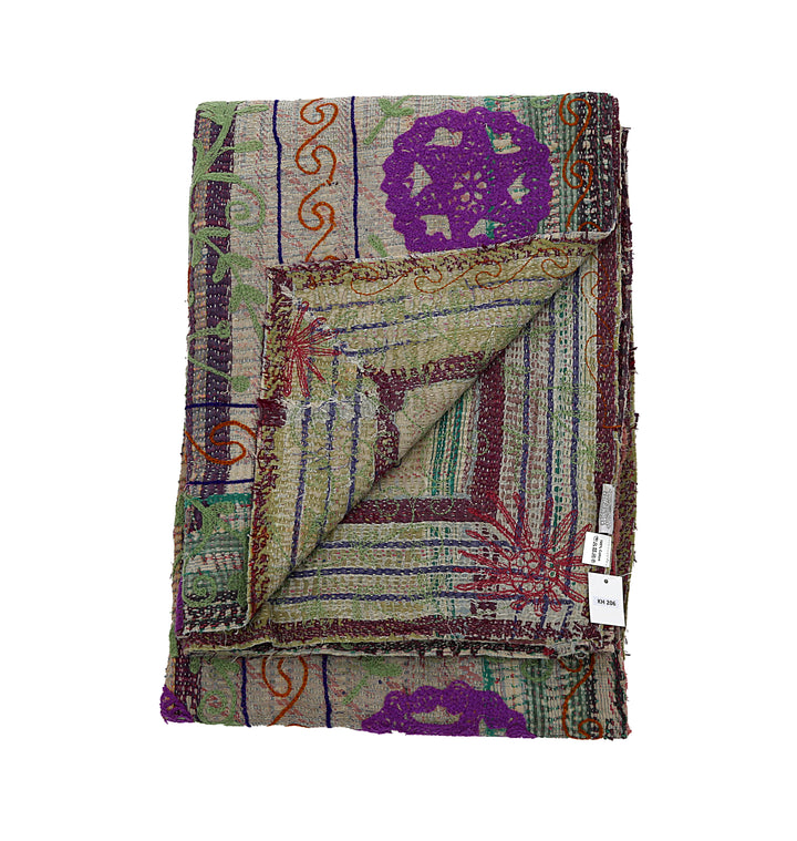 Vintage Hand-Embroidered Kantha Throw – Botanical Stripe Sari in Lilac, Green &amp; Plum