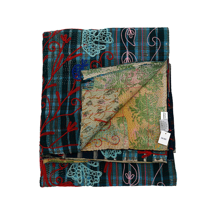 Vintage Hand-Embroidered Kantha Throw – Midnight Blue Sari with Red &amp; Aqua Florals