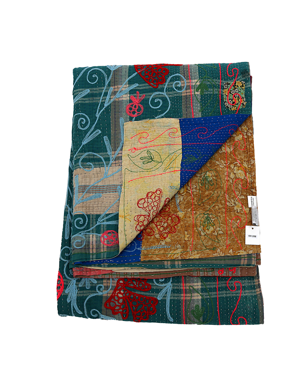 Vintage Hand-Embroidered Kantha Throw – Teal Plaid Sari with Red Botanical Motifs