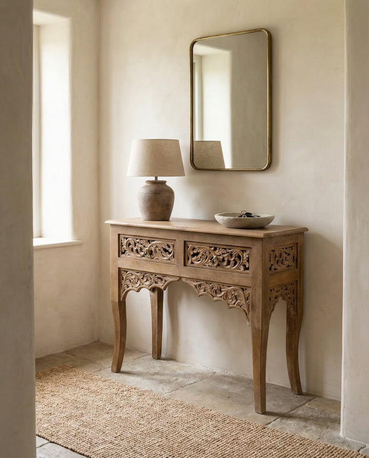 Hand-Carved Mango Wood Console Table with Floral Openwork