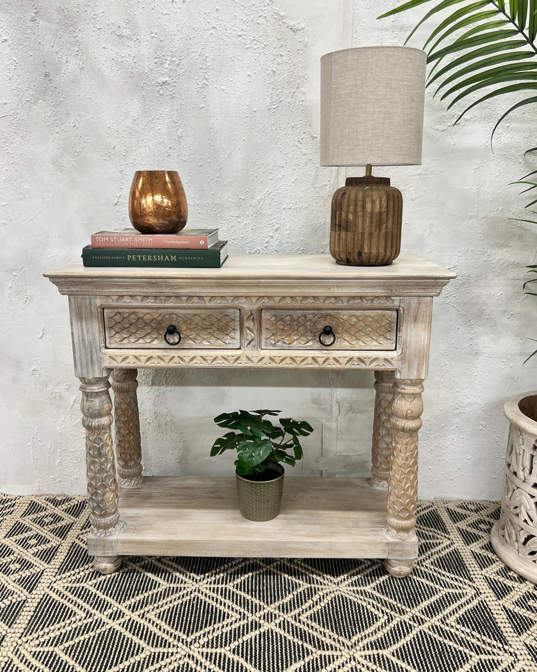 Hand-Carved Mango Wood Console Table – Cream Finish with Two Drawers